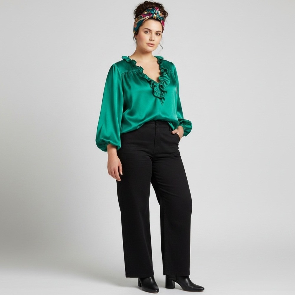 VTG Old Navy 1X 100% Silk Ruffle V-Neck Peasant Top Emerald Green Luxury Jewel